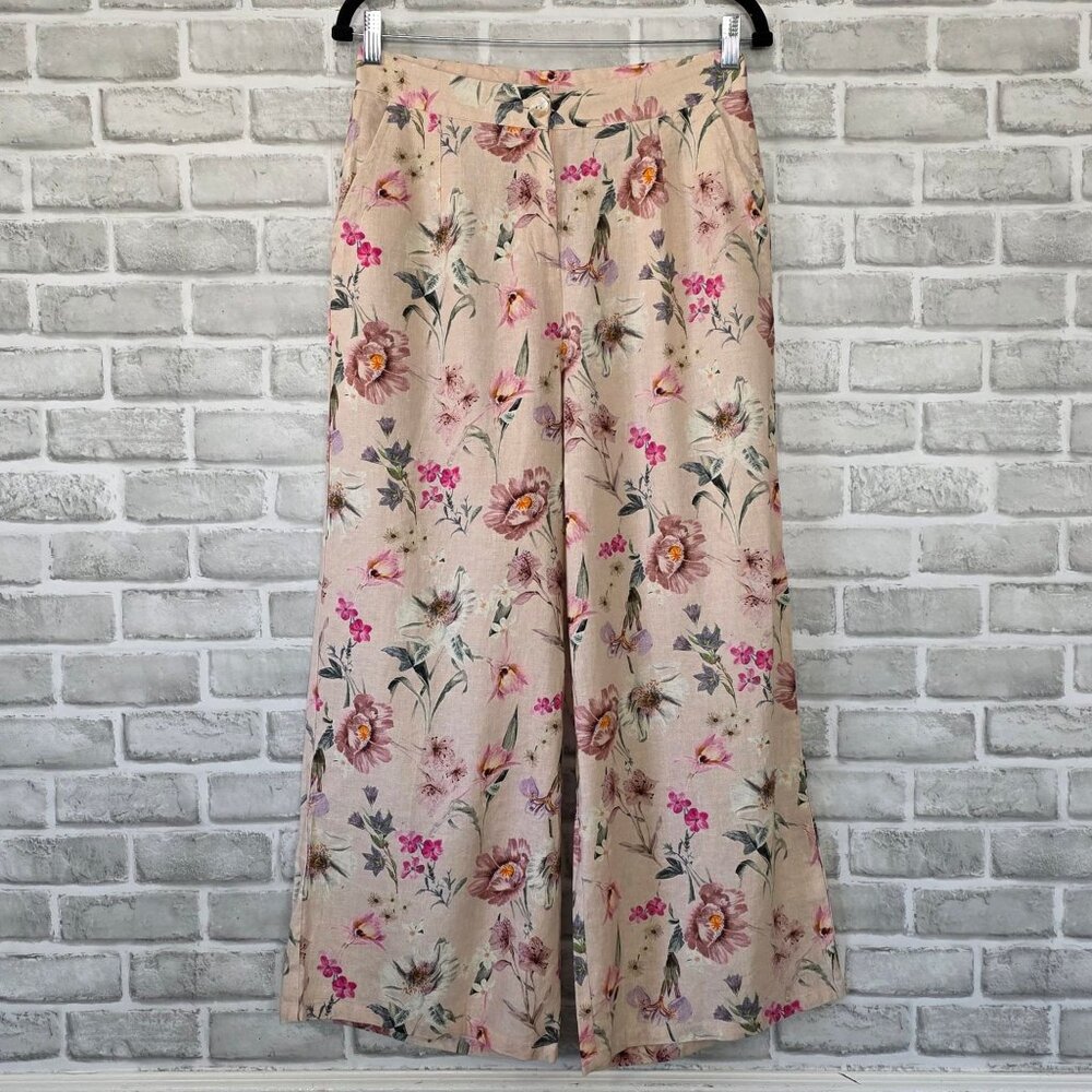 Anita Dongre AND Pink Floral Linen Blend Pants Wide Leg Luxury Resort 30